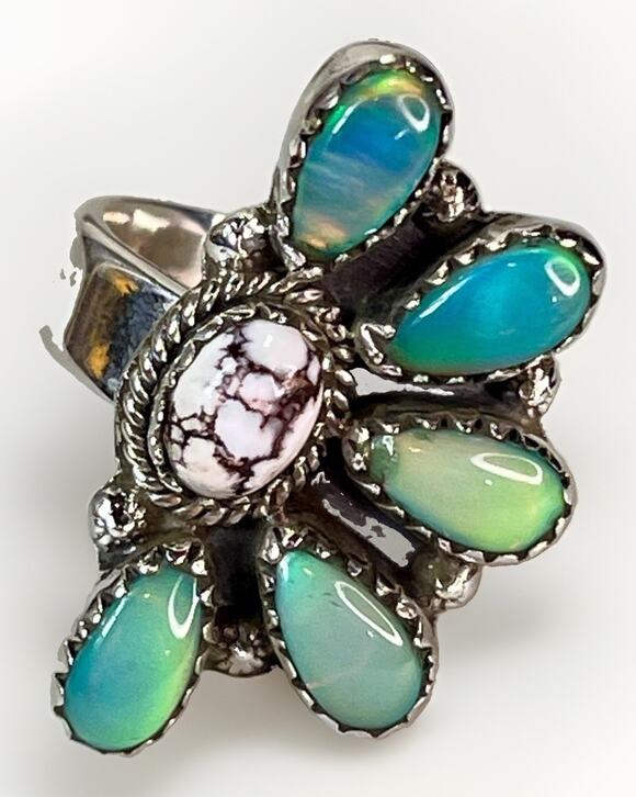 Southwestern Jewelry - Balloon Opal Wild Horse Turquoise Sterling Cluster Ring Adjust Southwestern 925